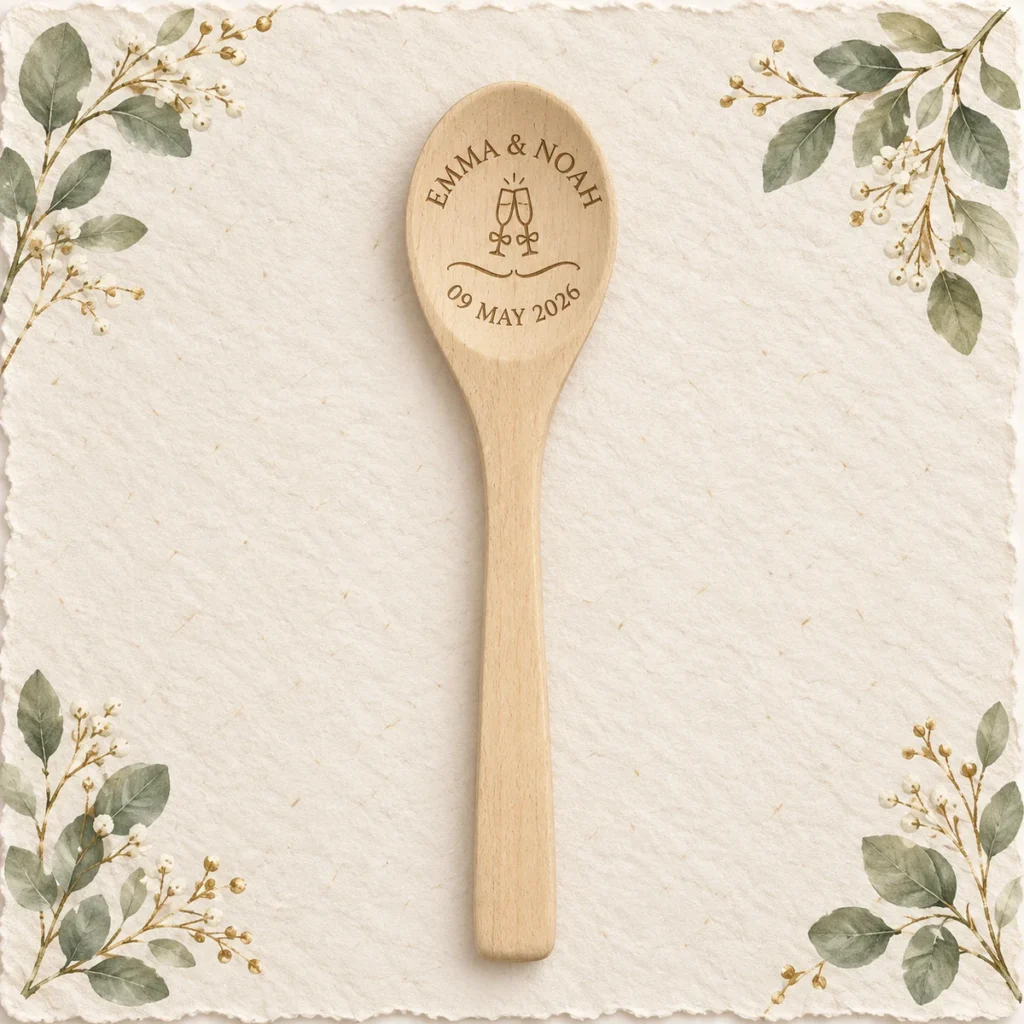 Wooden wedding spoon for Emma and Noah dated 9 May 2026