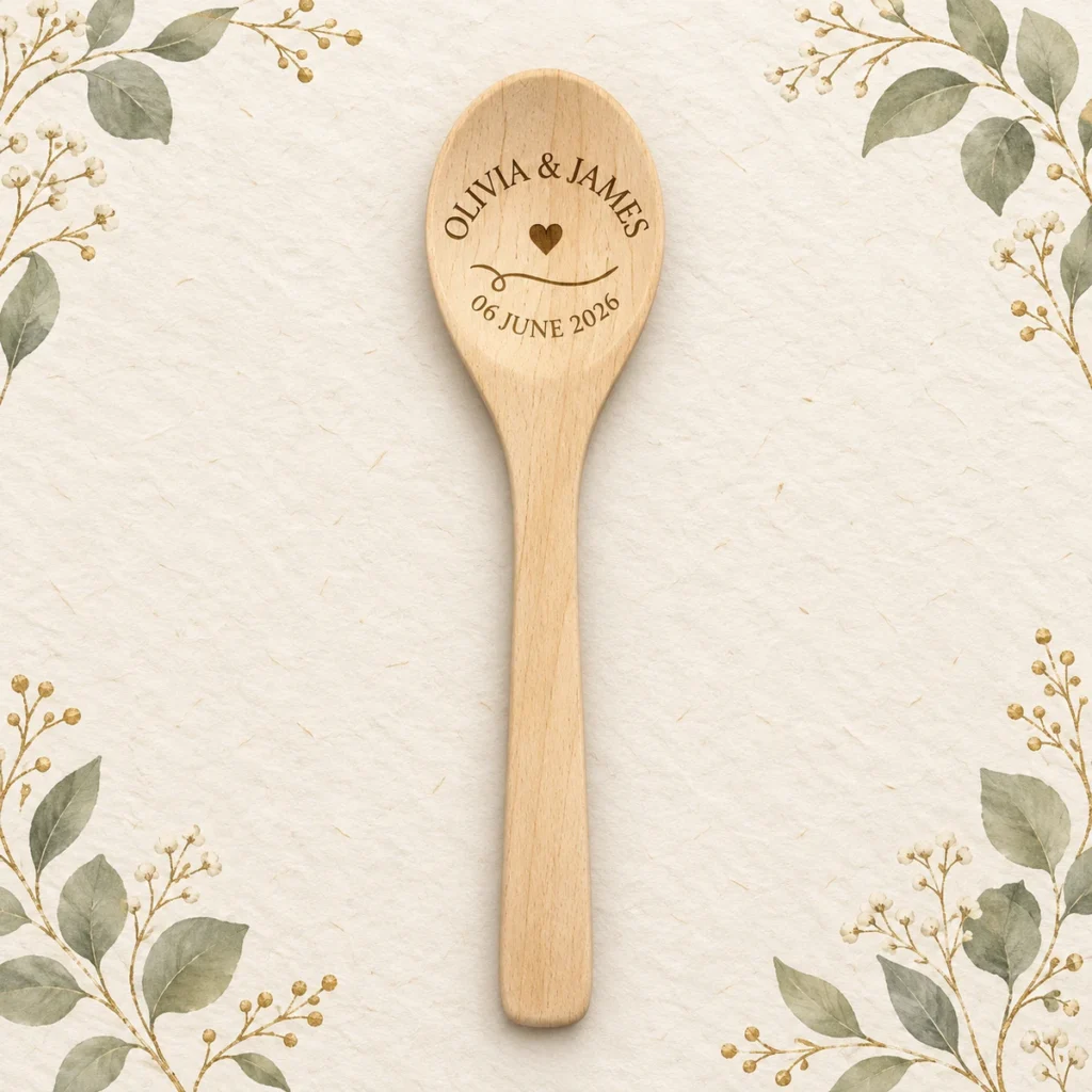 Wooden wedding spoon for Olivia and James dated 6 June 2026