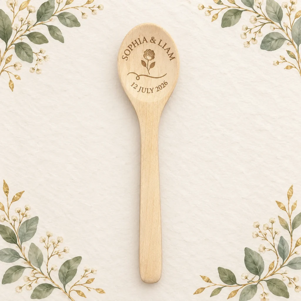 Wooden wedding spoon for Sophia and Liam dated 12 July 2026