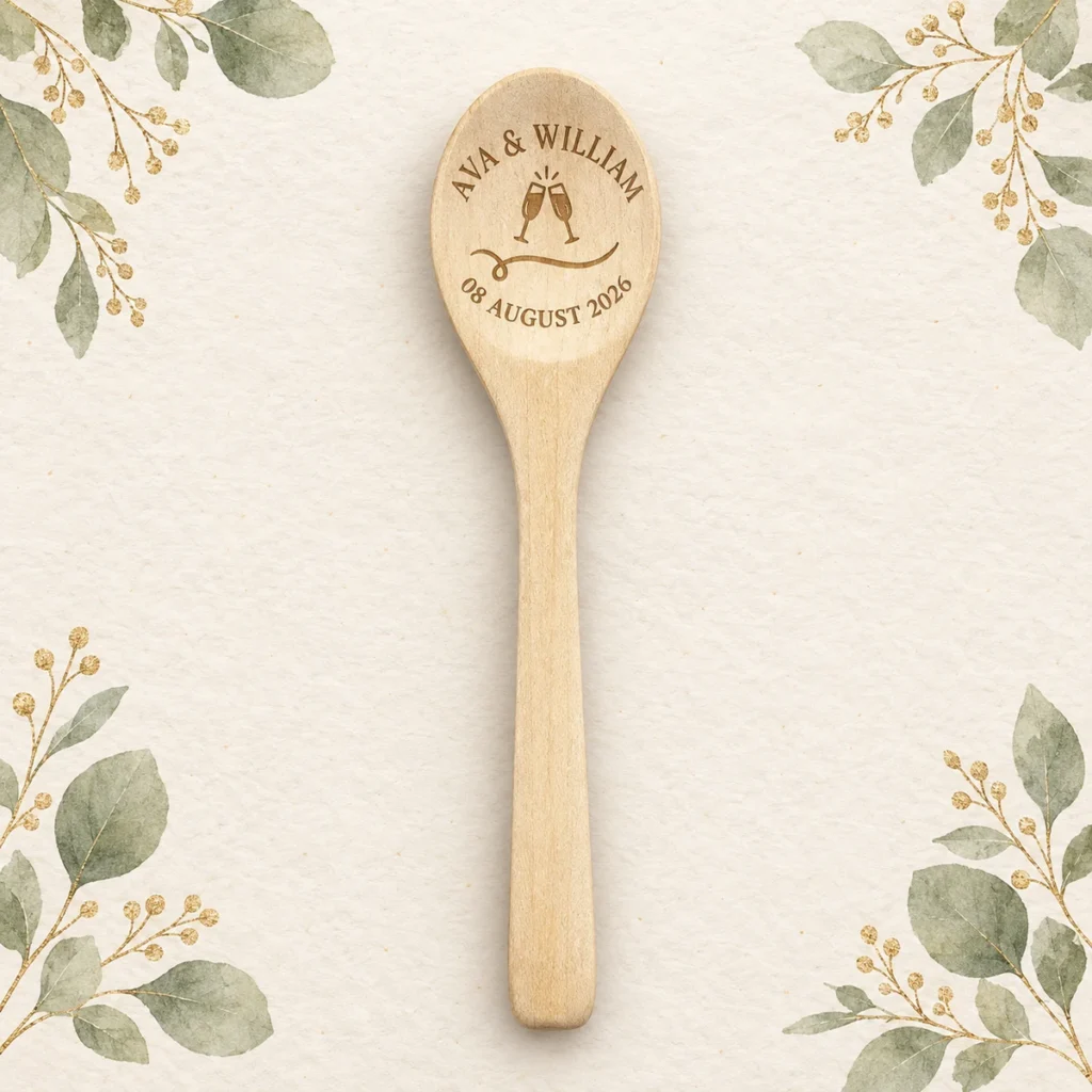 Wooden wedding spoon for Ava and William dated 8 August 2026