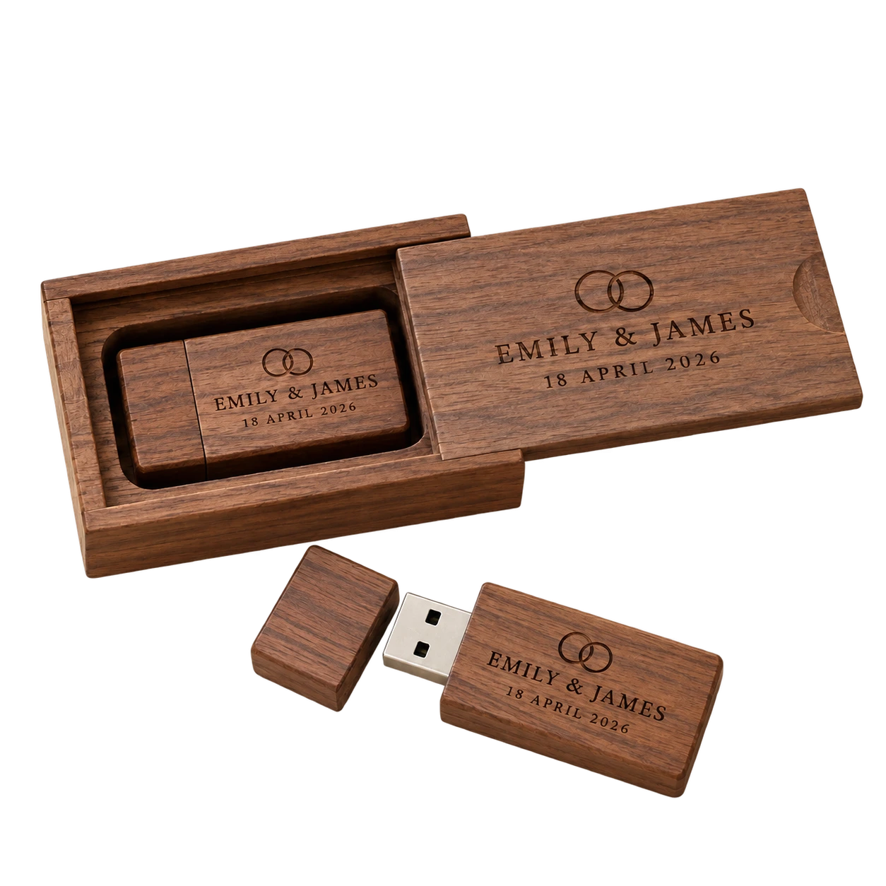 Walnut wedding USB and box for Emily and James dated 18 April 2026