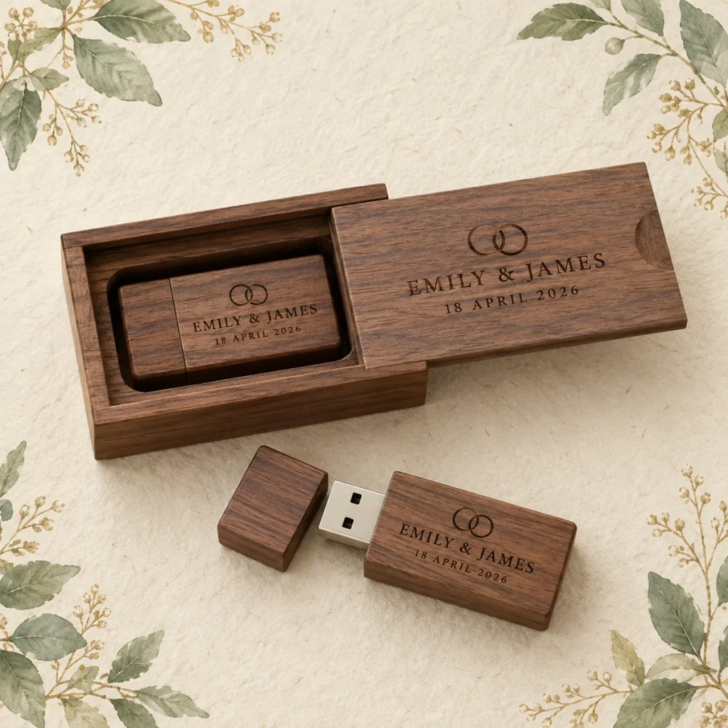 Walnut wedding USB and box for Emily and James dated 18 April 2026