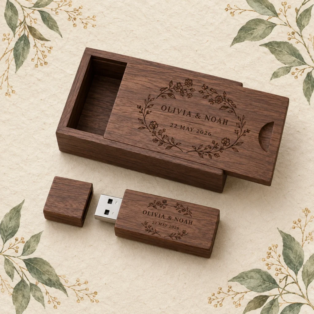 Walnut floral USB and box for Olivia and Noah dated 22 May 2026