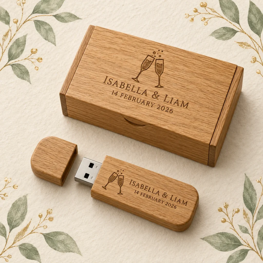 Oak wedding USB and box for Isabella and Liam dated 14 February 2026