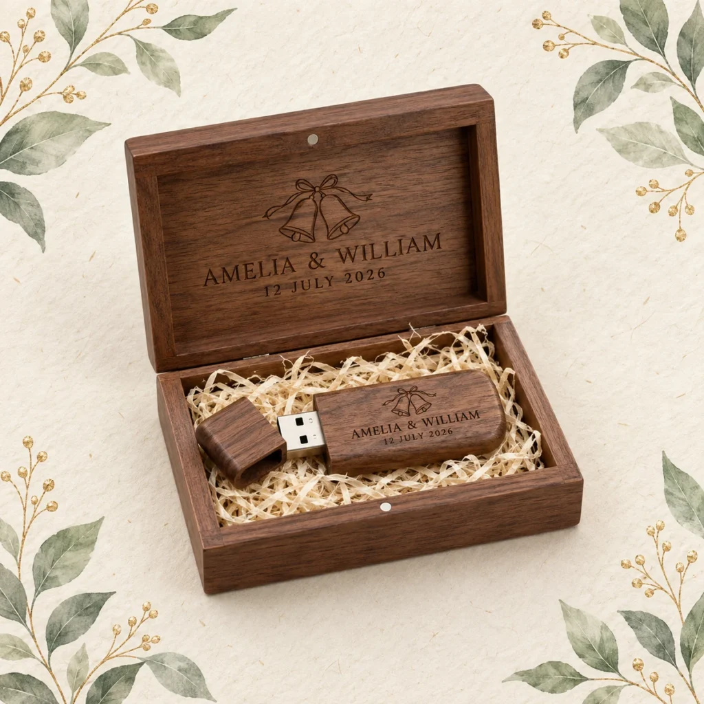 Walnut presentation USB set for Amelia and William dated 12 July 2026