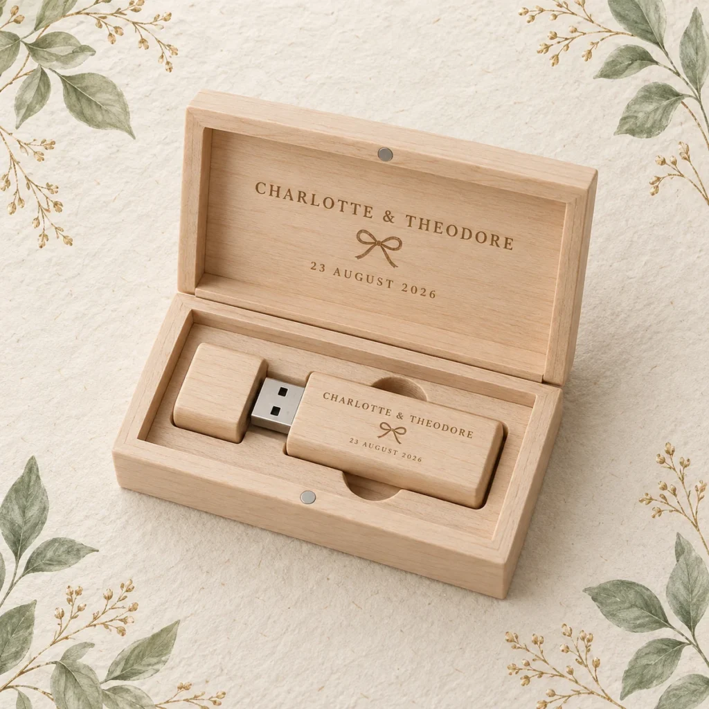 Beech wedding USB and box for Charlotte and Theodore dated 23 August 2026