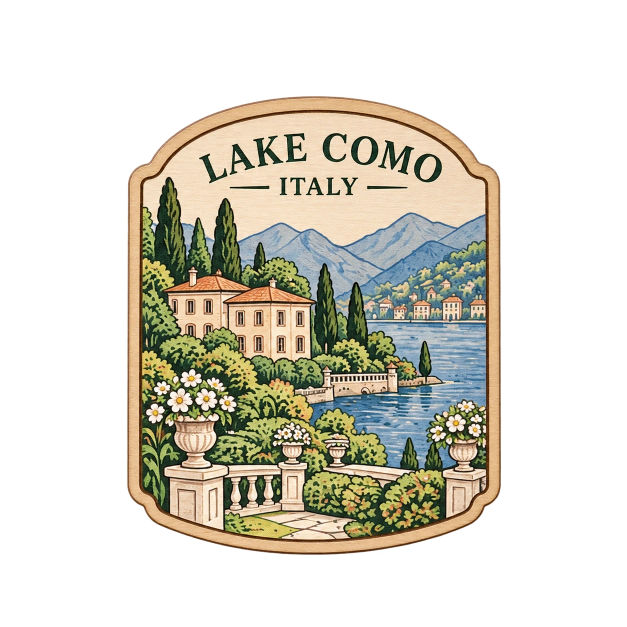 Personalized wooden wedding venue magnet with a Lake Como illustration