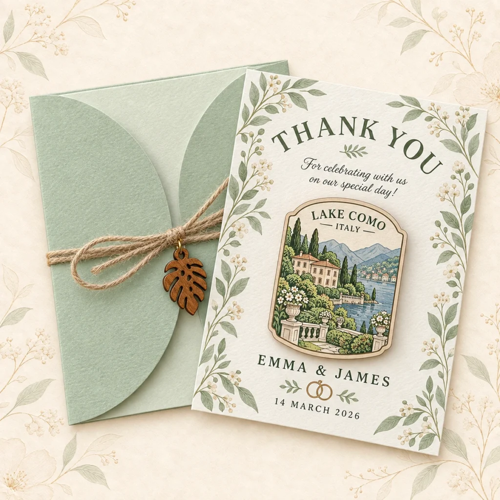Sage green wooden wedding venue magnet favor for Emma and James