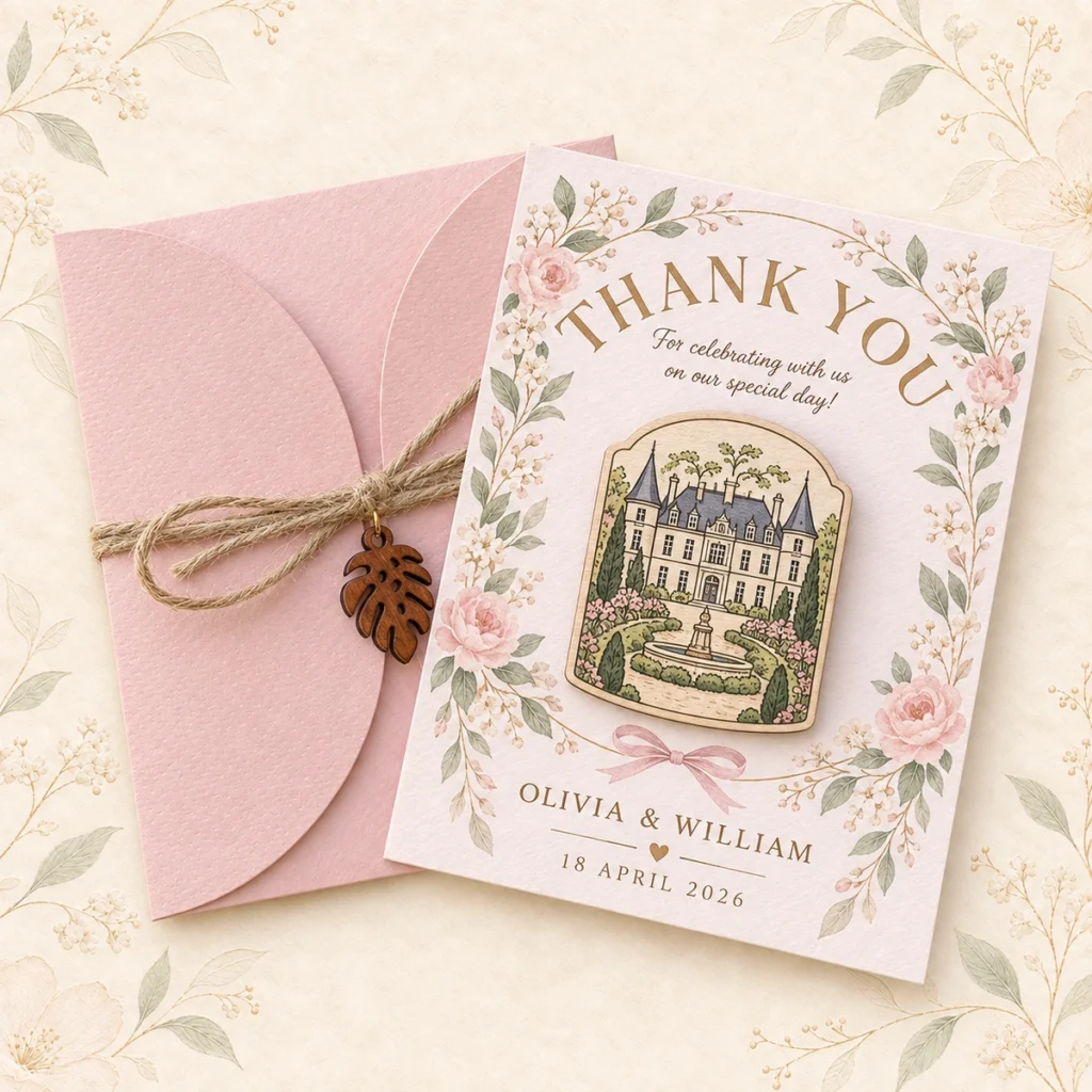 Blush pink wooden wedding venue magnet favor for Olivia and William