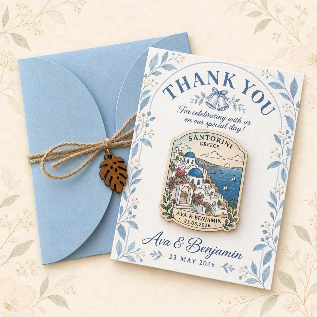 Dusty blue wooden wedding venue magnet favor for Ava and Benjamin