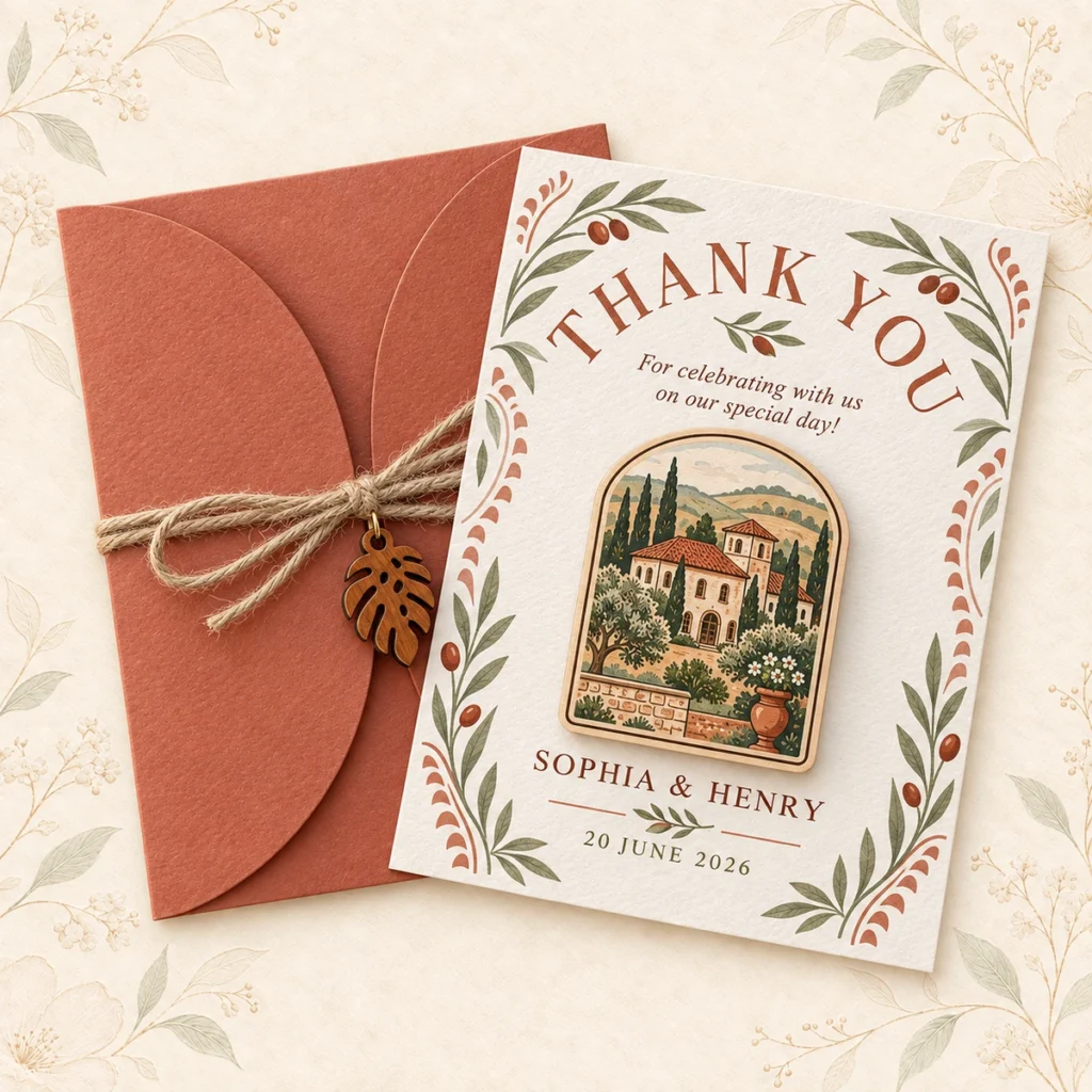 Terracotta wooden wedding venue magnet favor for Sophia and Henry