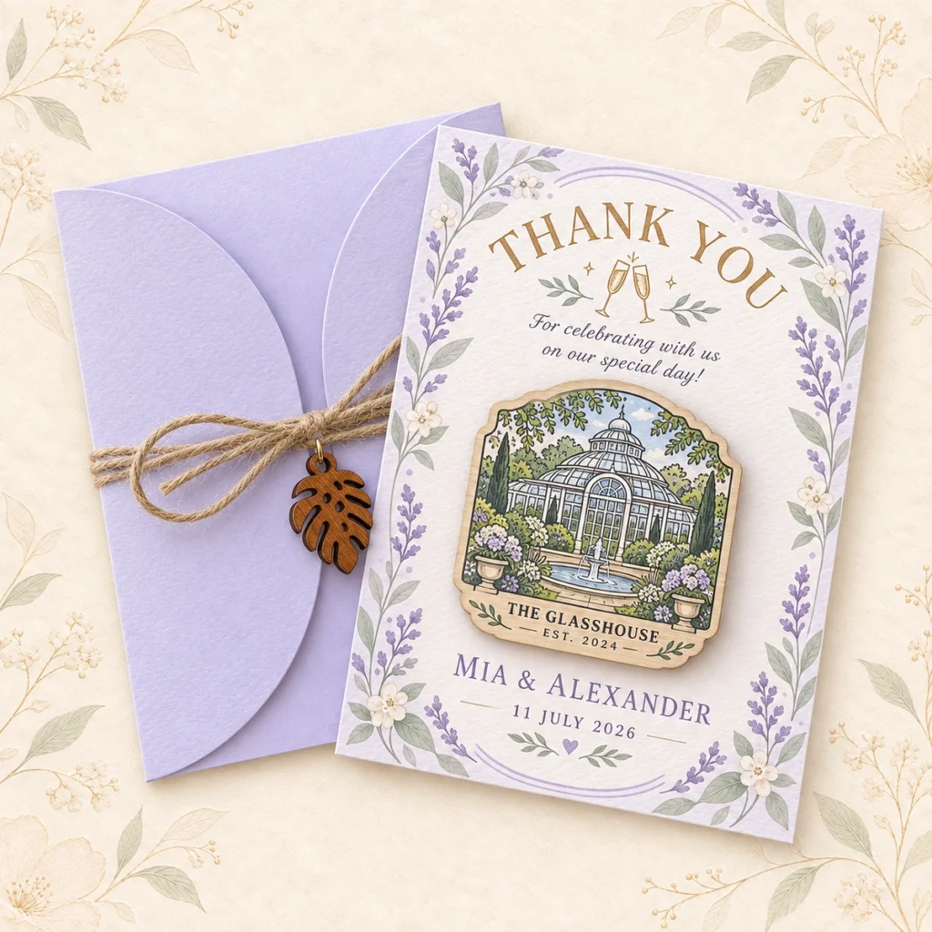 Lavender wooden wedding venue magnet favor for Mia and Alexander
