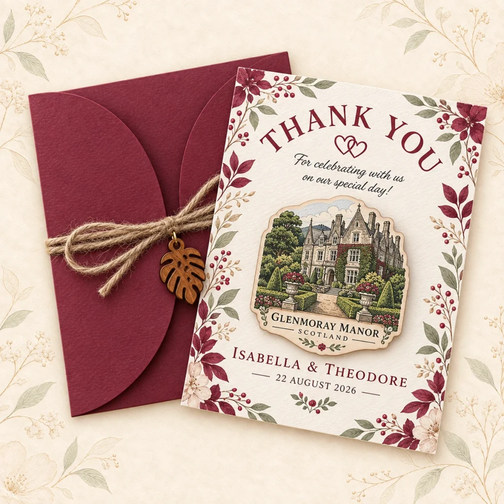 Burgundy wooden wedding venue magnet favor for Isabella and Theodore