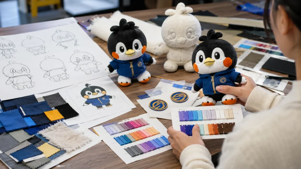 Plush mascot design development with sketches fabric samples and product references