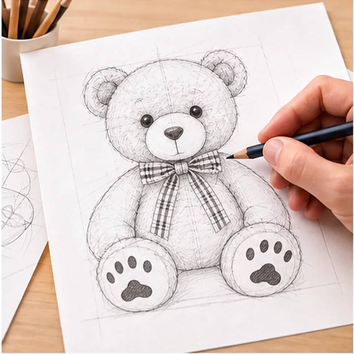 Teddy bear product concept sketch for a custom plush toy project