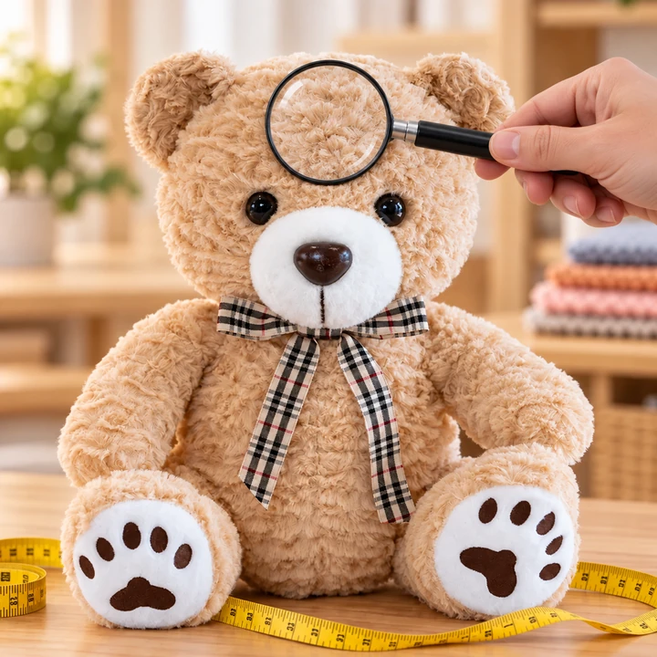 Hand-held magnifying glass inspecting the plush texture on a teddy bear forehead