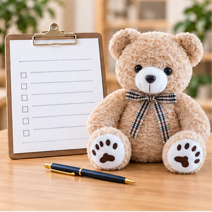 Custom teddy bear beside a testing scope checklist