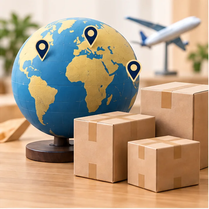 Globe and shipping cartons representing EU UK and US target markets