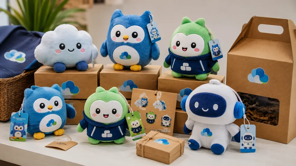 Promotional plush gifts with custom packaging hang tags and brand labels