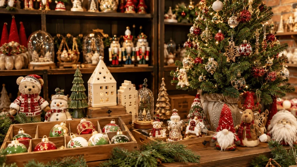 Retail-ready Christmas decorations displayed with ornaments plush figures and gift products