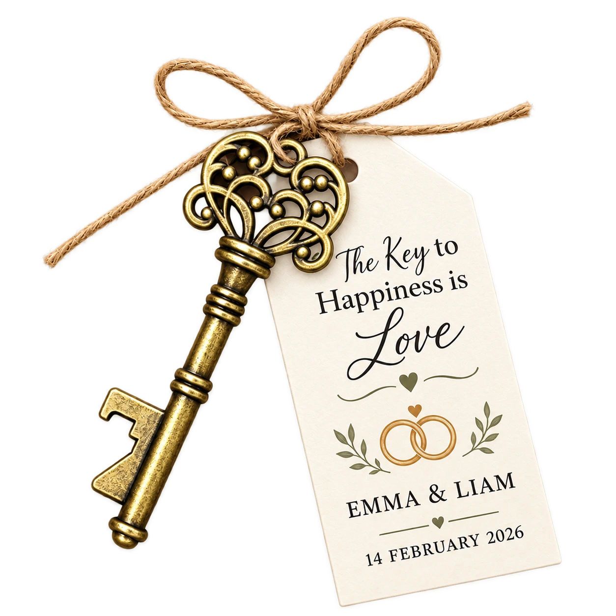 Skeleton key opener tag for Emma and Liam dated 14 February 2026