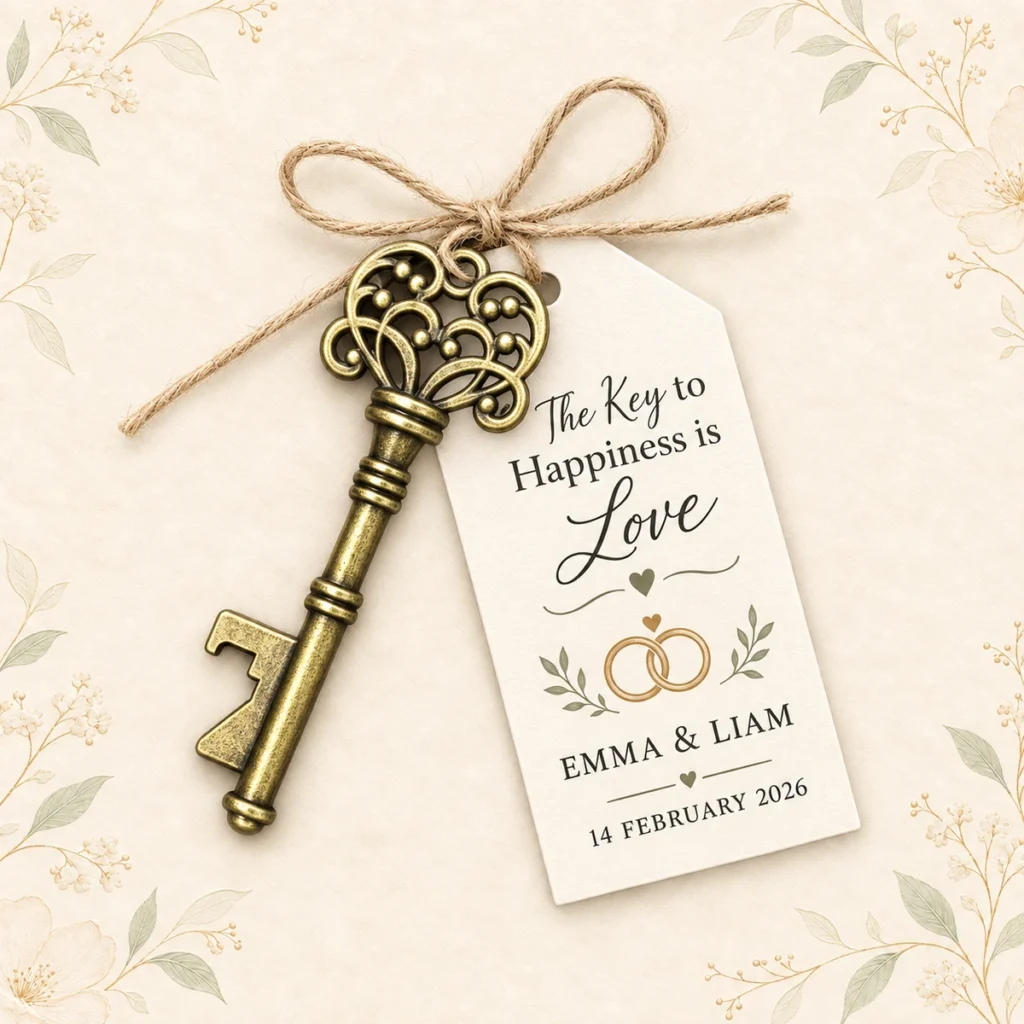 Skeleton key opener tag for Emma and Liam dated 14 February 2026