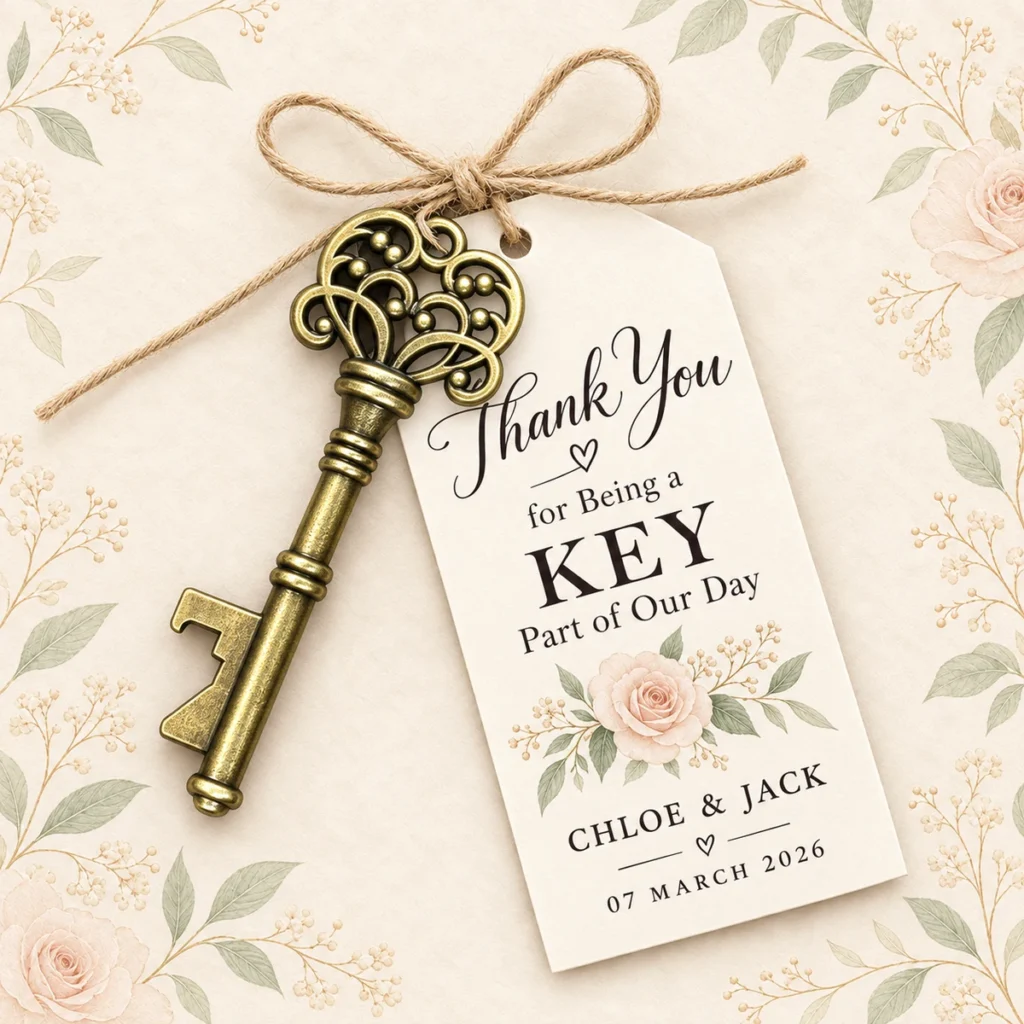 Skeleton key opener tag for Chloe and Jack dated 7 March 2026