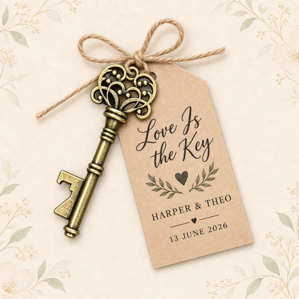 Skeleton key opener tag for Harper and Theo dated 13 June 2026