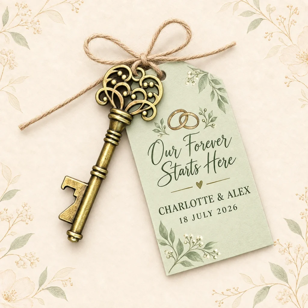 Skeleton key opener tag for Charlotte and Alex dated 18 July 2026