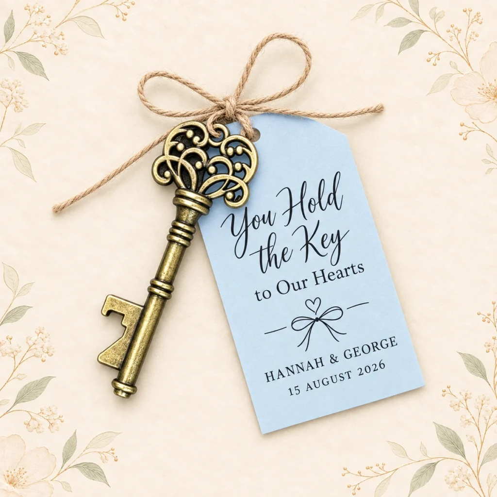 Skeleton key opener tag for Hannah and George dated 15 August 2026