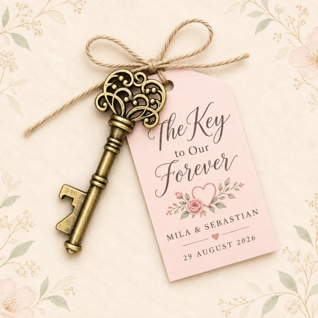 Skeleton key opener tag for Mila and Sebastian dated 29 August 2026