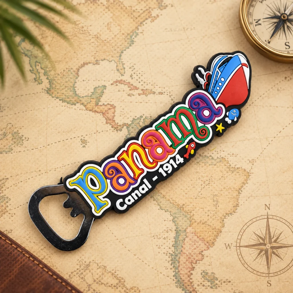 Panama Canal soft PVC souvenir bottle opener with custom destination design