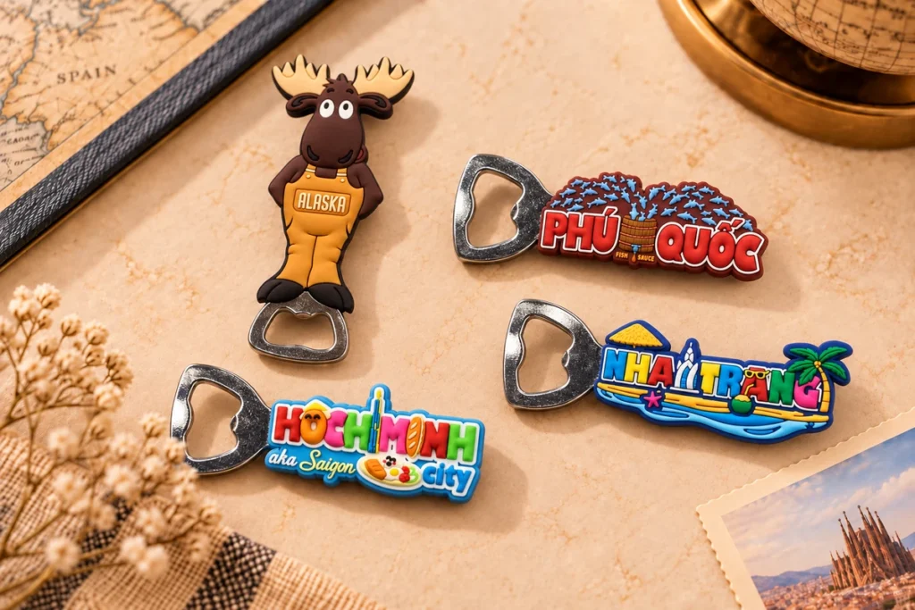 Soft PVC souvenir bottle openers featuring Alaska and Vietnam destinations