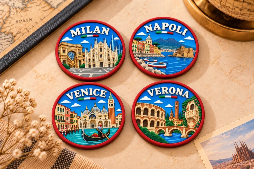 Soft PVC souvenir coasters featuring Milan, Napoli, Venice and Verona