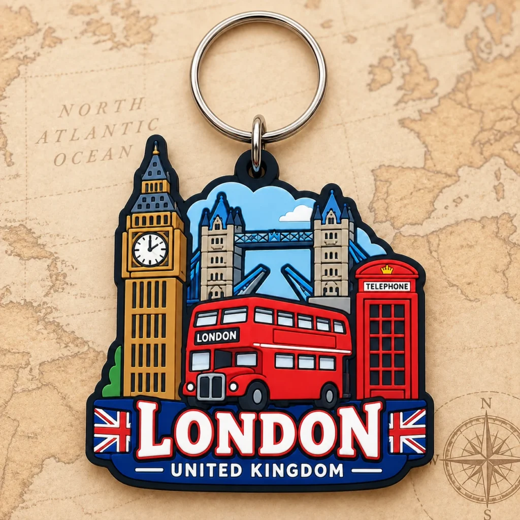 London, UK soft PVC souvenir keychain with custom destination design