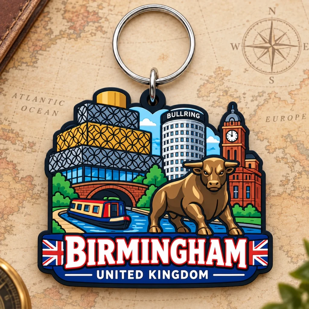 Birmingham, UK soft PVC souvenir keychain with custom destination design