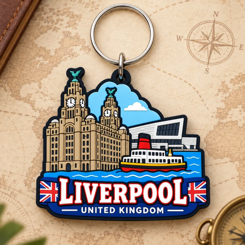 Liverpool, UK soft PVC souvenir keychain with custom destination design