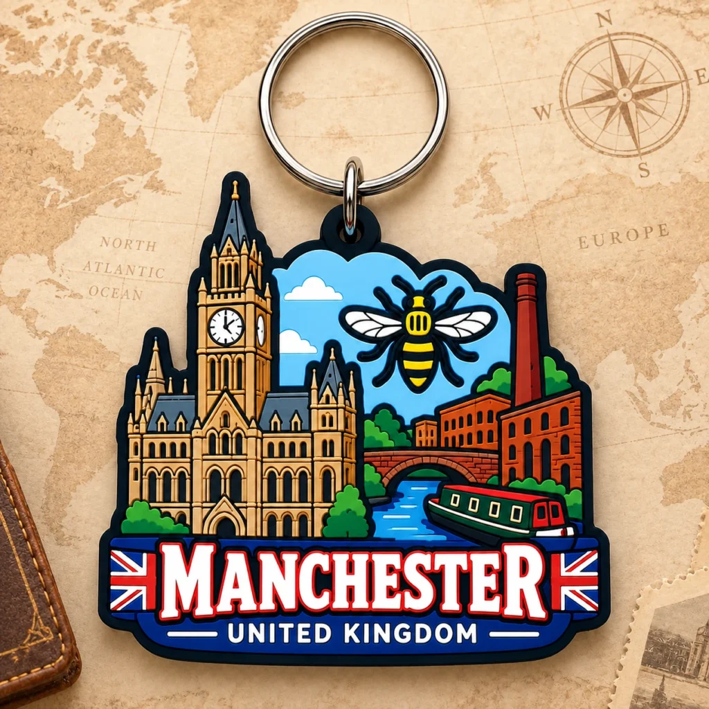 Manchester, UK soft PVC souvenir keychain with custom destination design