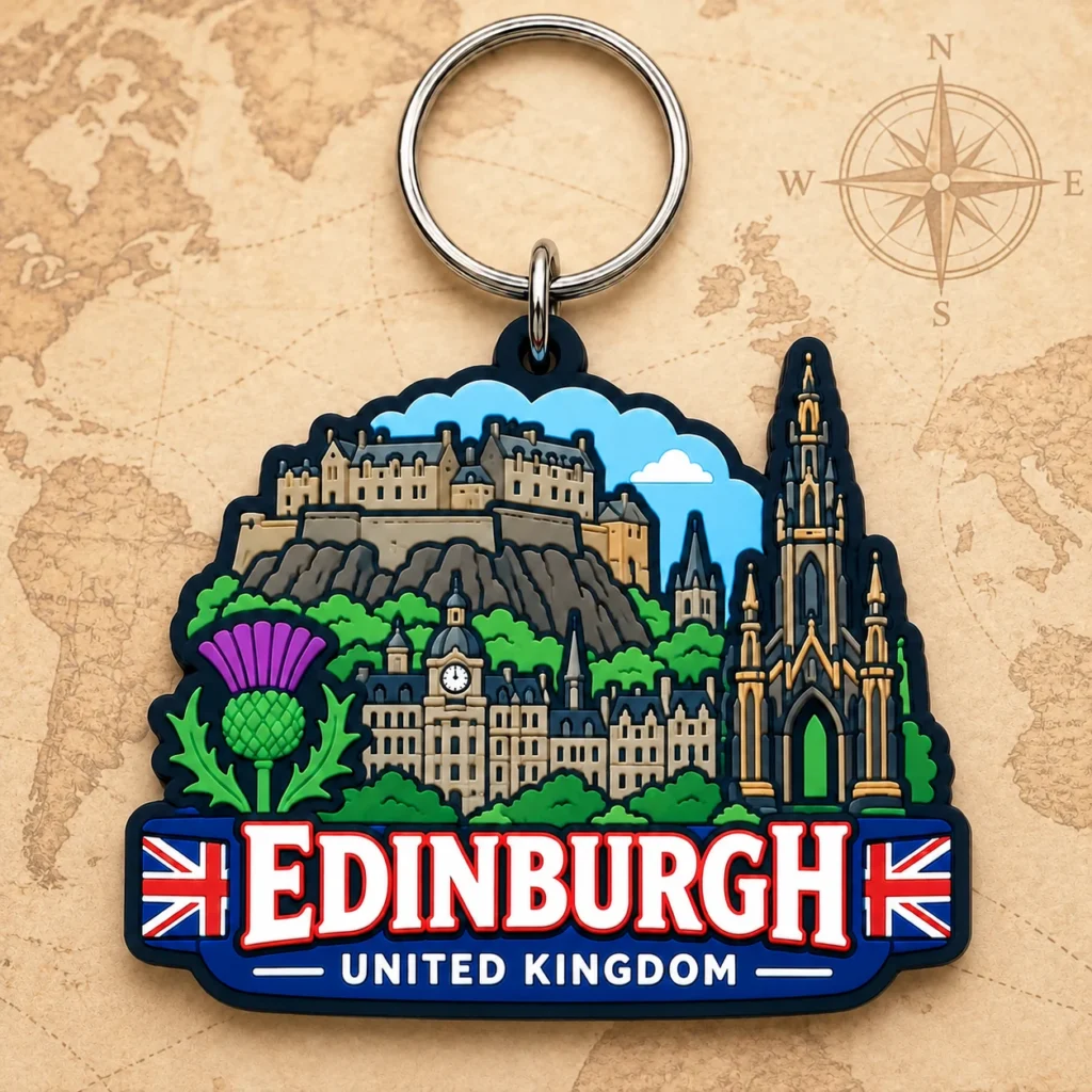 Edinburgh, UK soft PVC souvenir keychain with custom destination design