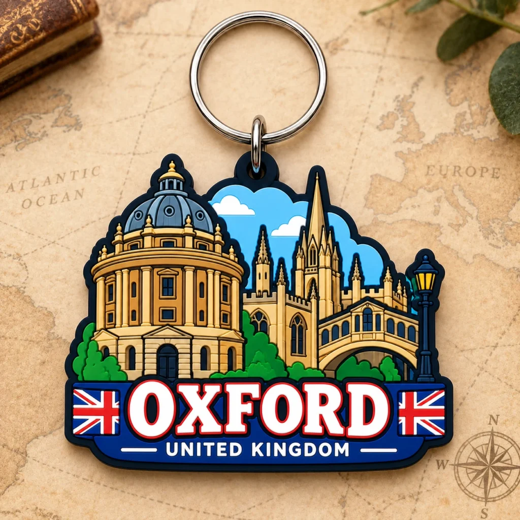 Oxford, UK soft PVC souvenir keychain with custom destination design