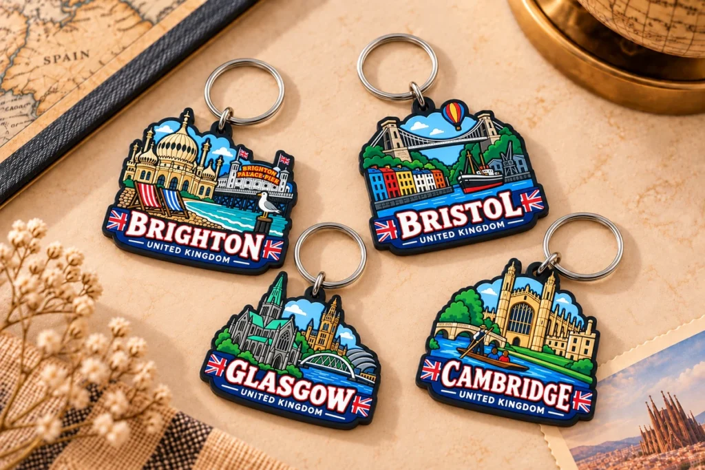 Soft PVC souvenir keychains featuring Brighton, Bristol, Glasgow and Cambridge