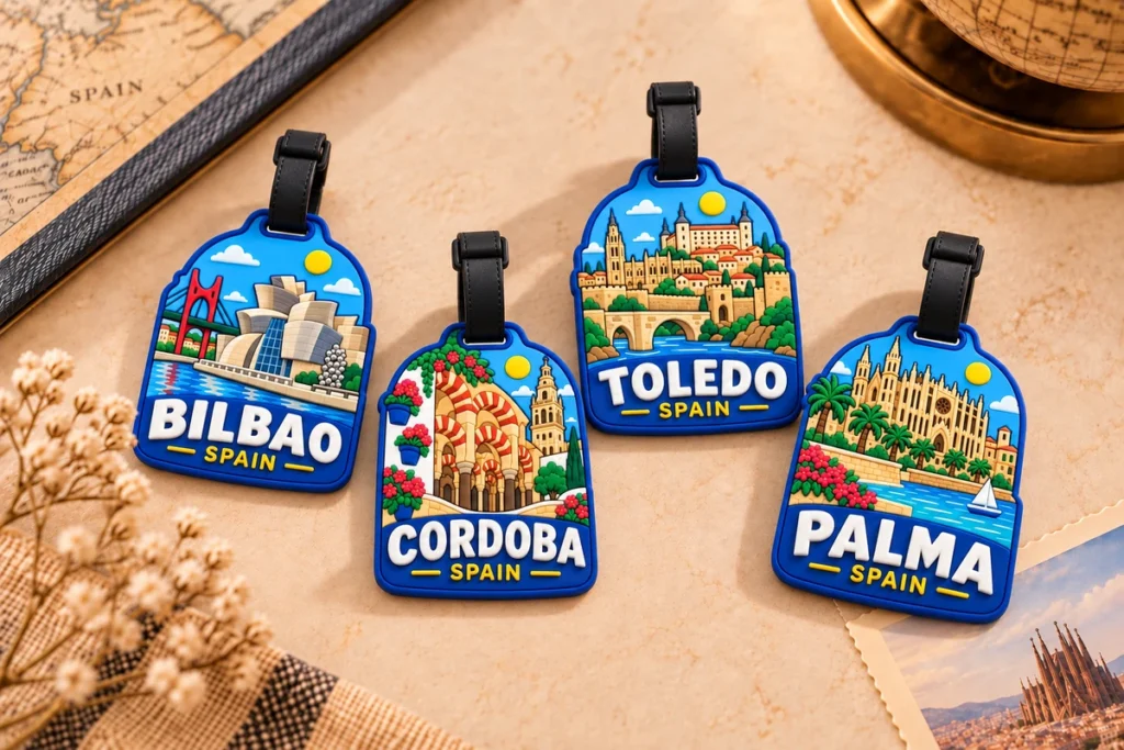 Soft PVC souvenir luggage tags featuring Bilbao, Cordoba, Toledo and Palma