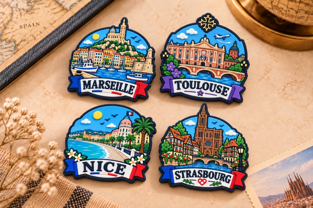 Soft PVC souvenir patches featuring Marseille, Toulouse, Nice and Strasbourg