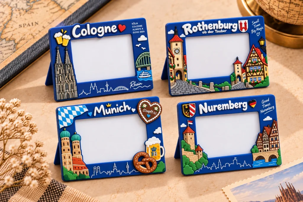Soft PVC souvenir photo frames featuring Cologne, Rothenburg, Munich and Nuremberg