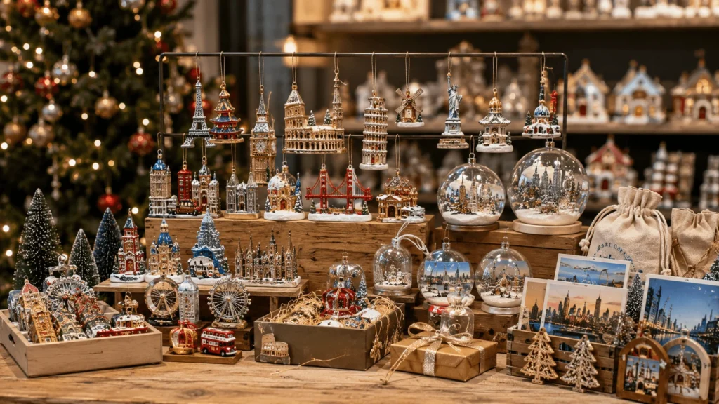 Tourist attraction Christmas ornaments with landmark designs snow globes keychains and gift packaging