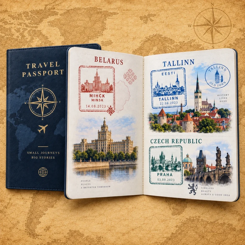 Tallinn stamp passport book on an antique world map