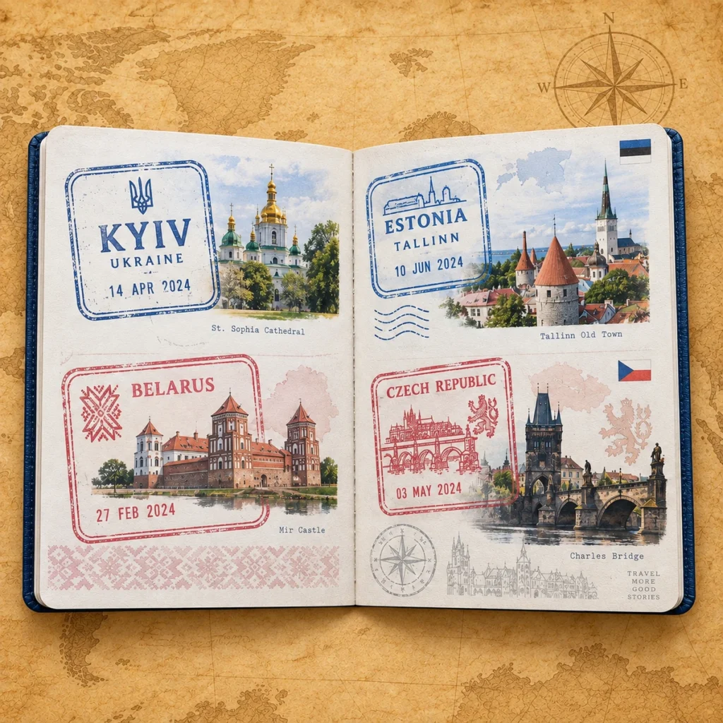 Kyiv stamp passport book on an antique world map