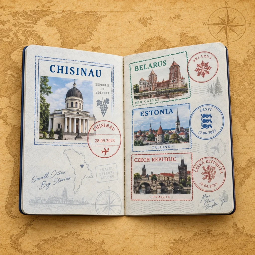 Chisinau stamp passport book on an antique world map