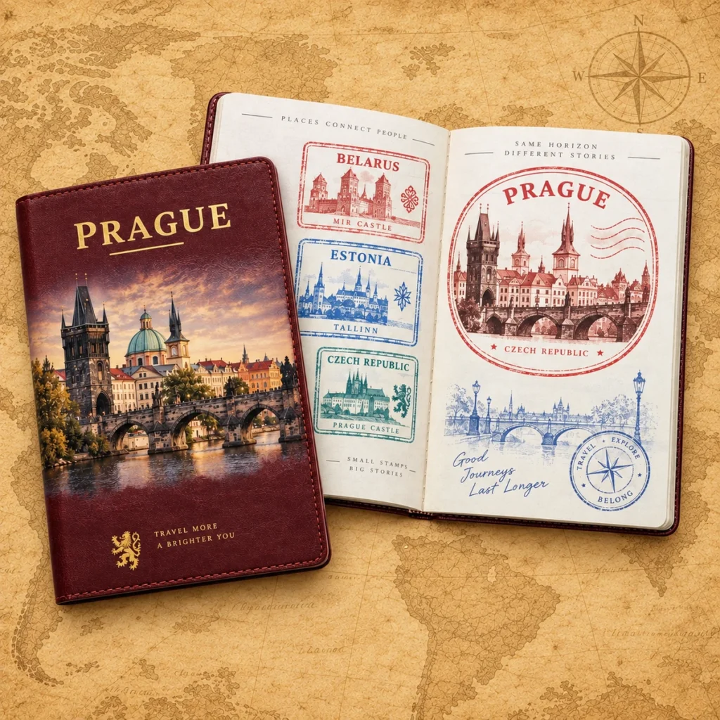Prague stamp passport book on an antique world map