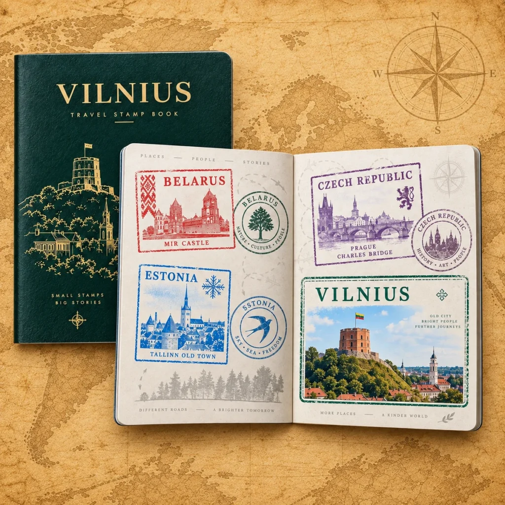 Vilnius stamp passport book on an antique world map